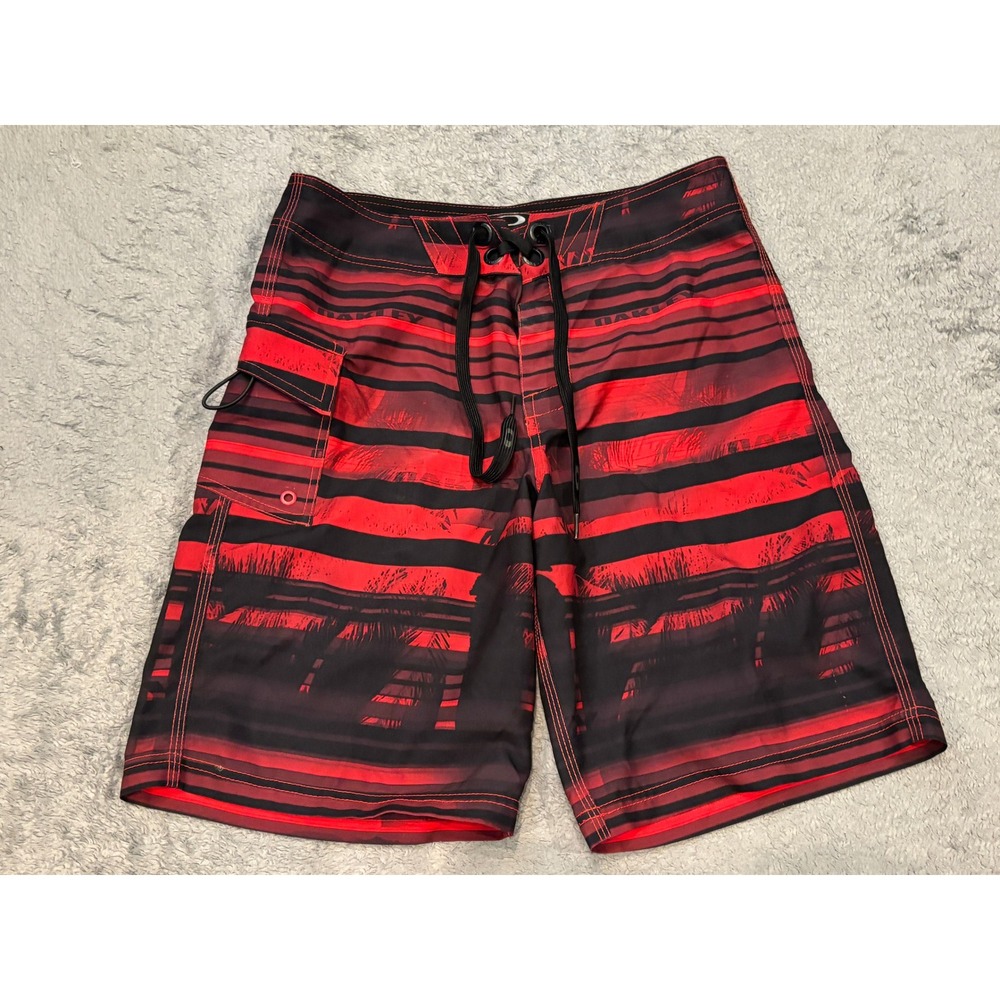 Oakley Mens Red Black Striped Palm Tree Board Shorts Swim Trunks Size 31